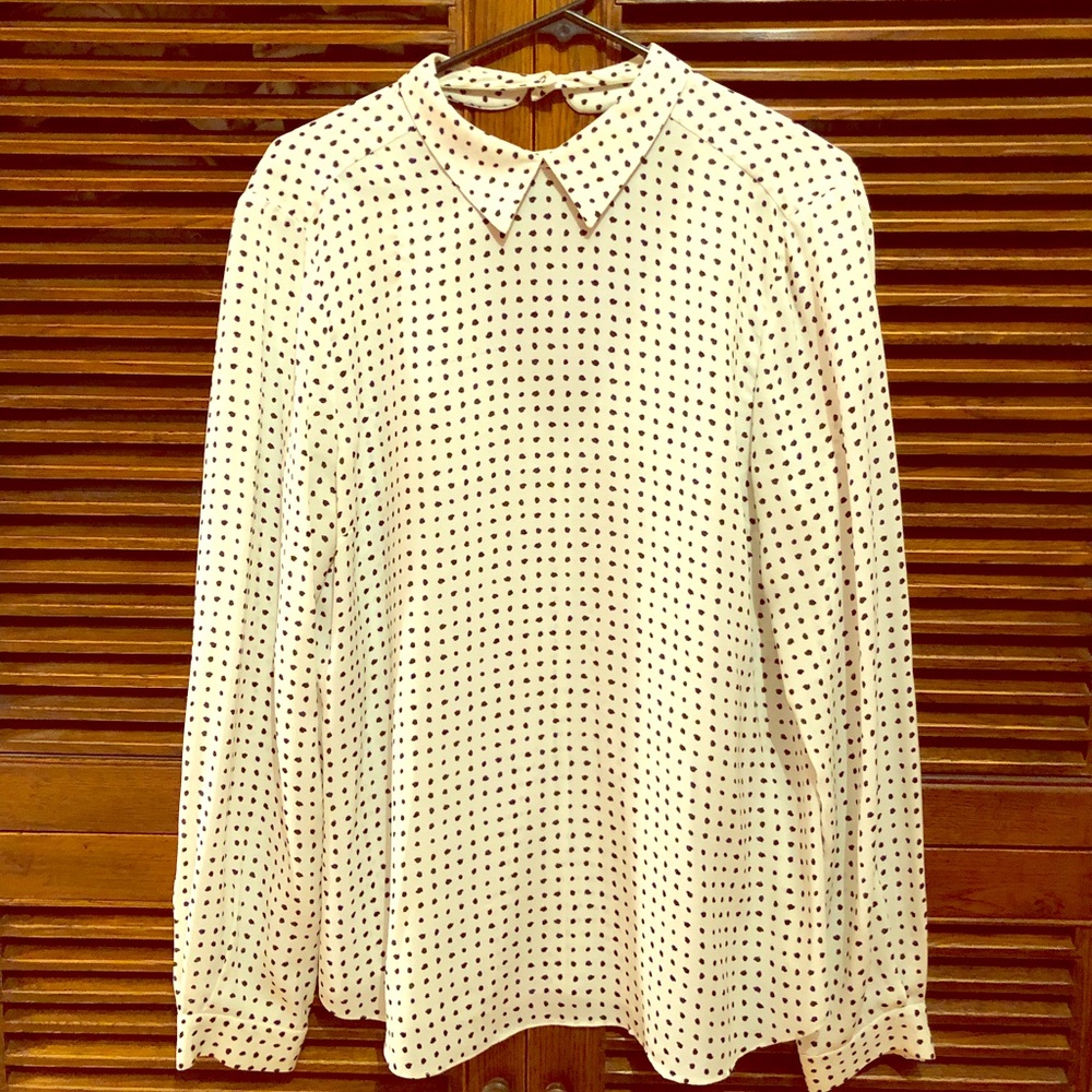 Black polka dot silk long-sleeve blouse